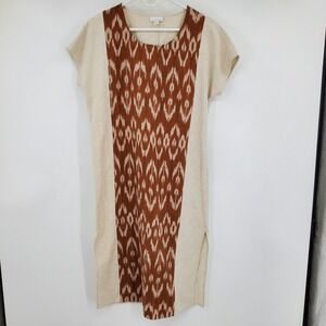 Pure Jill Elements Ikat Linen Blend Midi Dress XS Petite Rust Boho Cottage